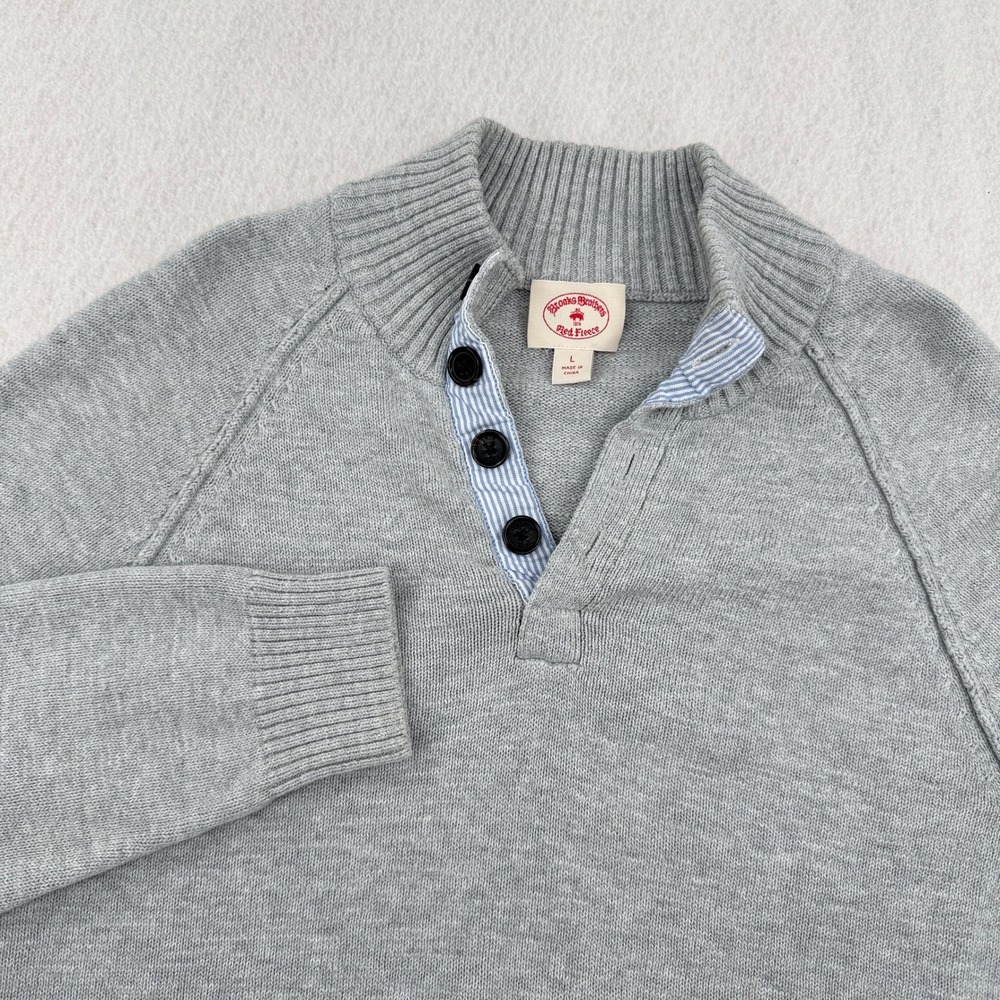Brooks Brothers Red Fleece Mens Large 1/4 Button Cotton Sweater Gray Long Sleeve